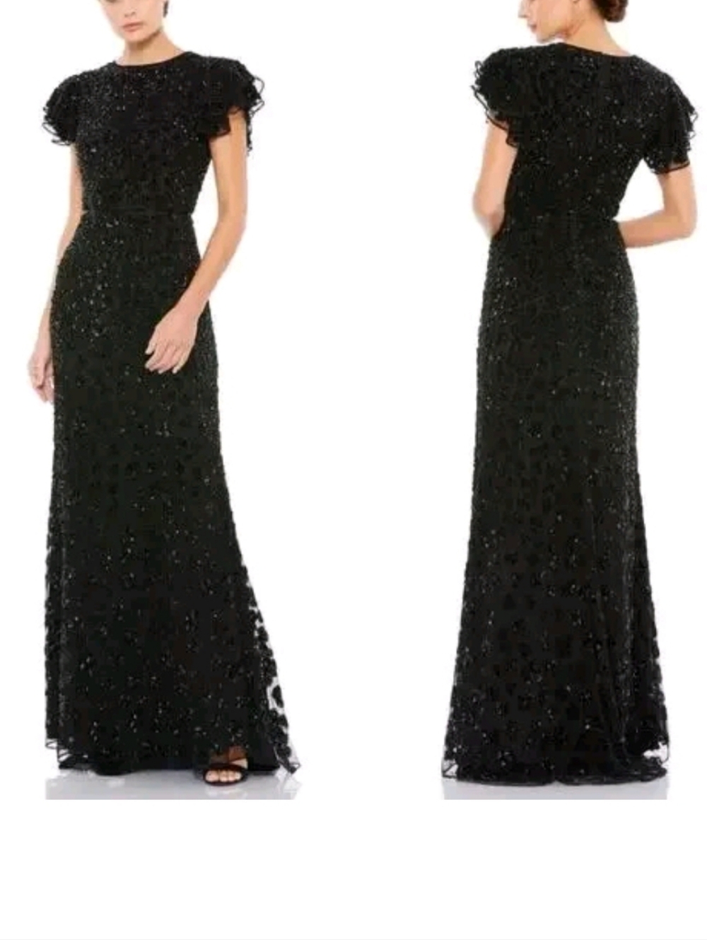 Mac Duggal Size 12 Black High Neck Flutter Cap Sleeve Beaded Gown MSRP $598